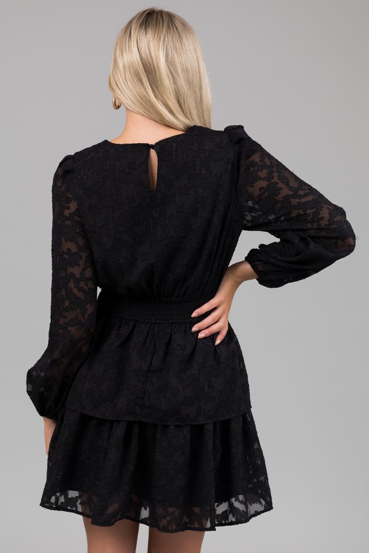Black Leaf Textured Long Sleeve Mini Dress