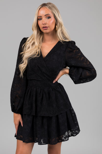 Black Leaf Textured Long Sleeve Mini Dress