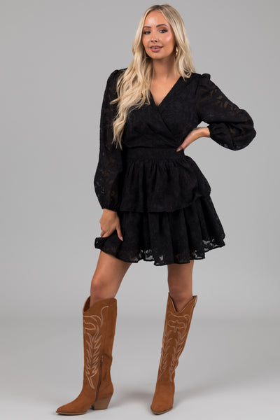 Black Leaf Textured Long Sleeve Mini Dress