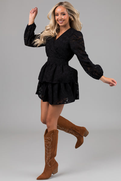 Black Leaf Textured Long Sleeve Mini Dress