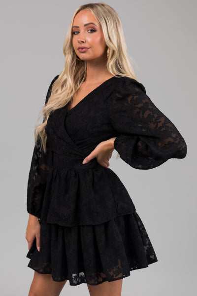 Black Leaf Textured Long Sleeve Mini Dress