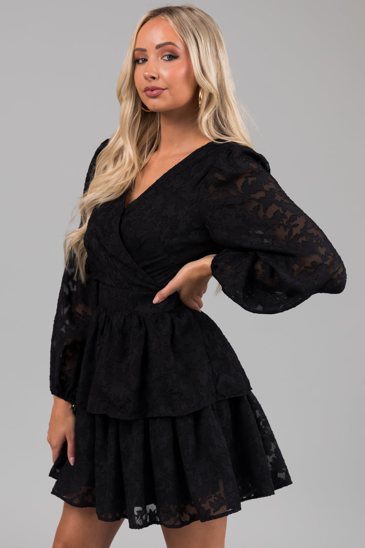 Black Leaf Textured Long Sleeve Mini Dress