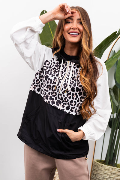 Black Leopard Colorblock Half Zip Windbreaker | Lime Lush Boutique