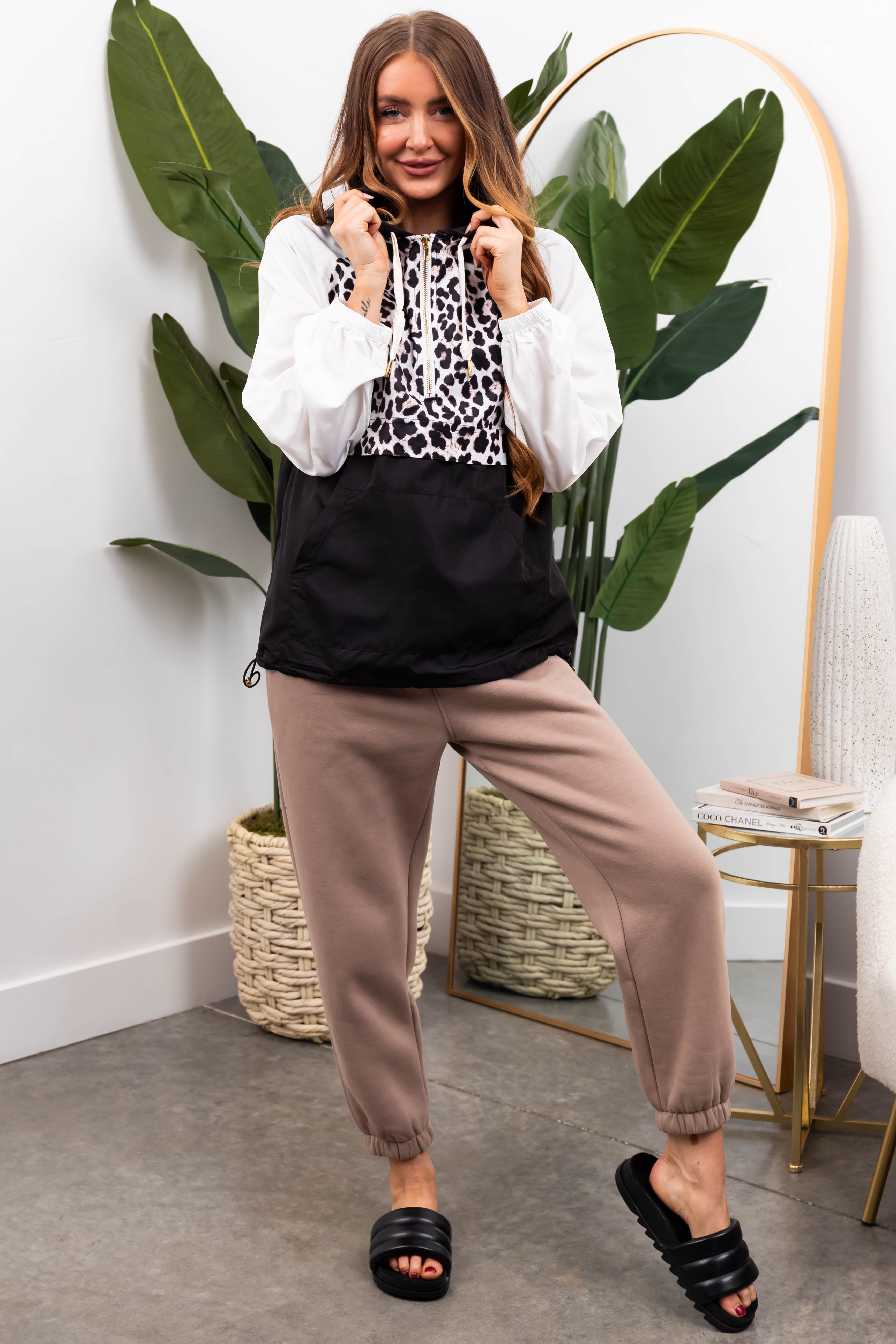 Black Leopard Colorblock Half Zip Windbreaker | Lime Lush Boutique