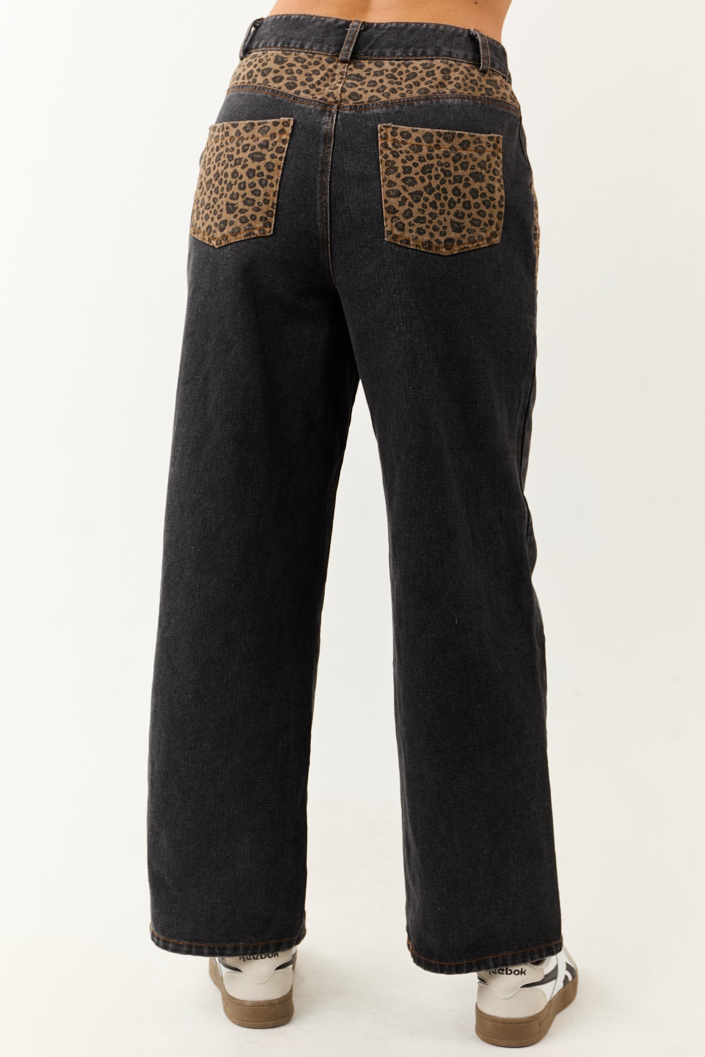 Black Leopard Print Paneling Wide Leg High Rise Jeans