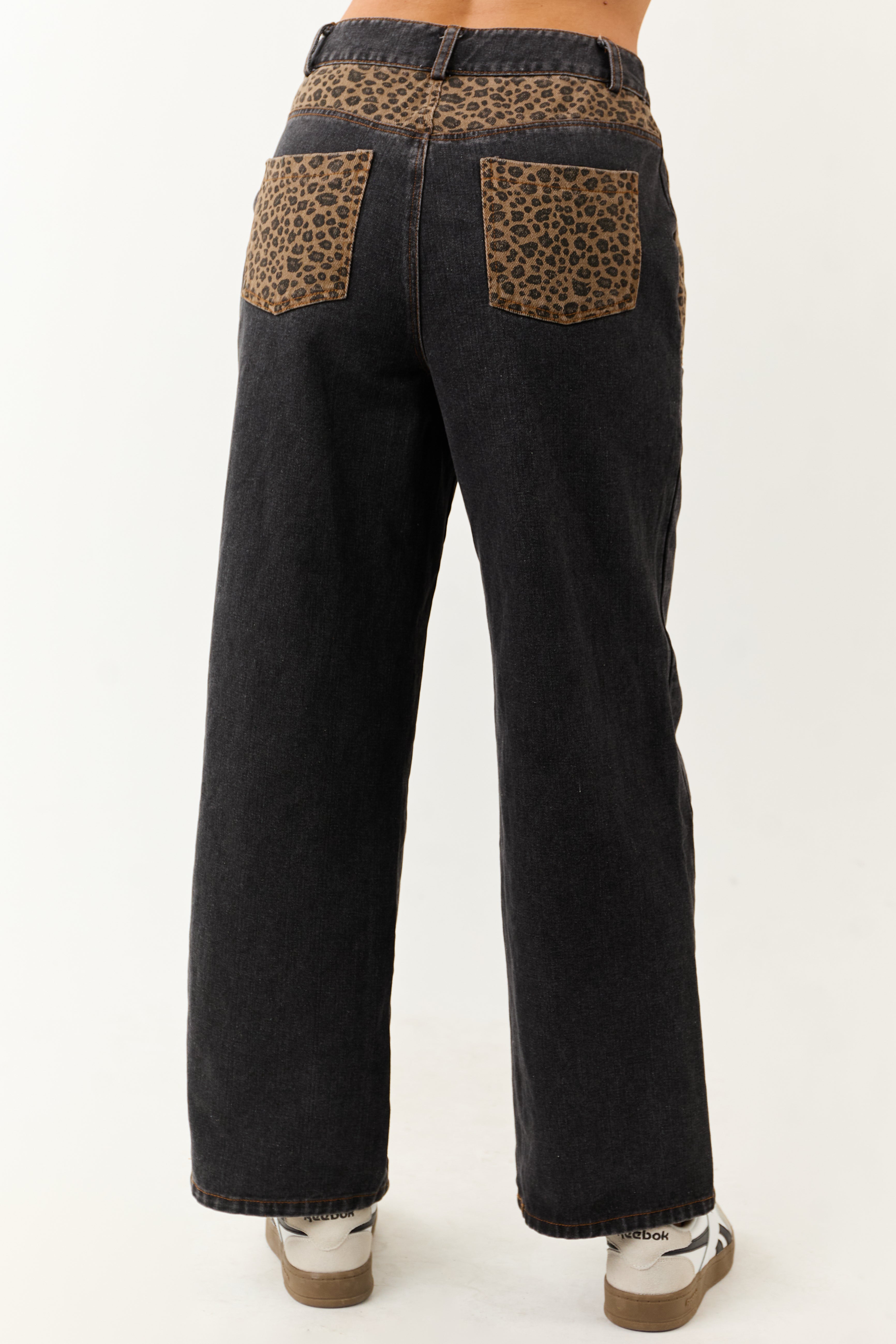Black Leopard Print Paneling Wide Leg High Rise Jeans