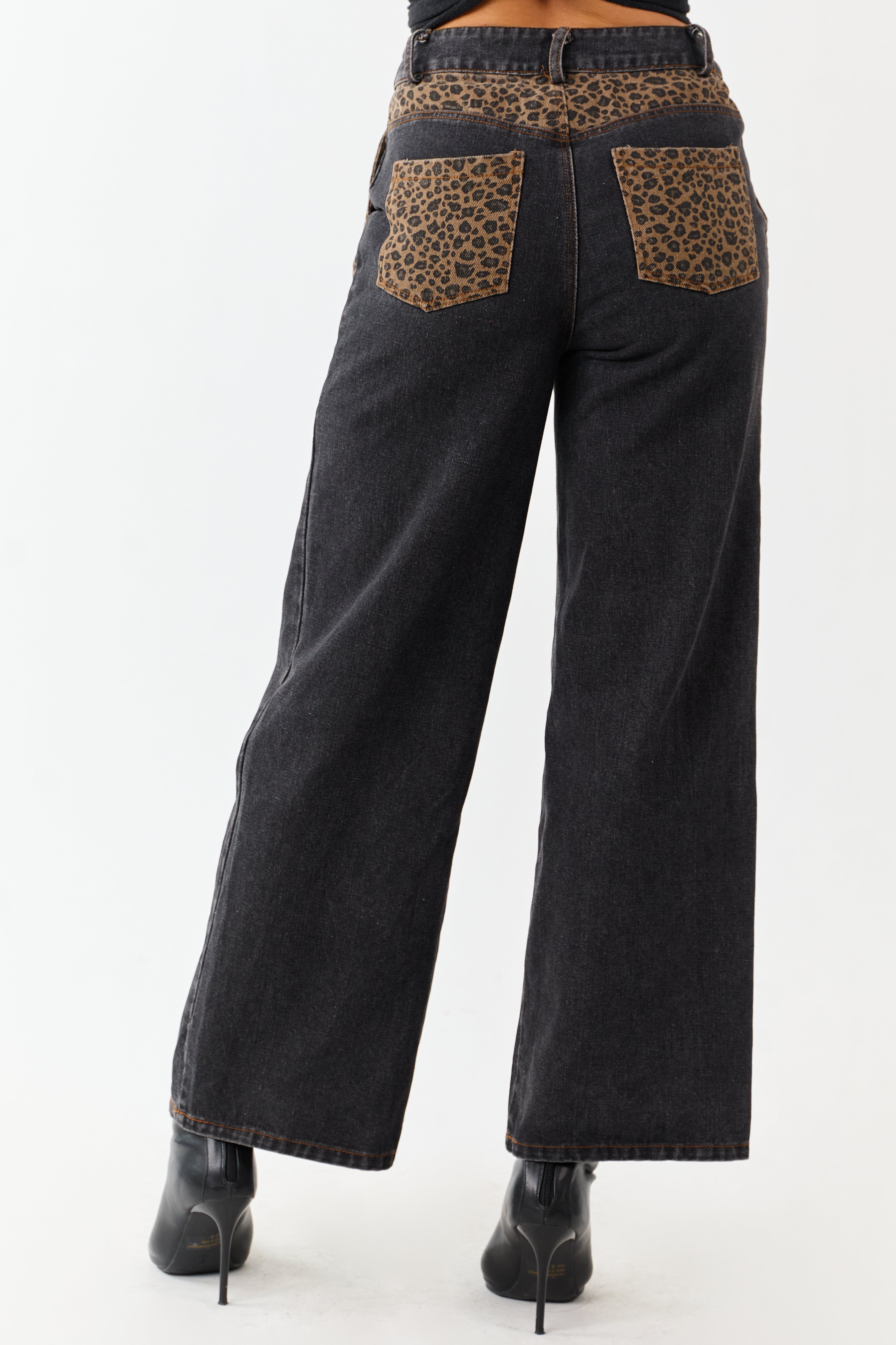 Black Leopard Print Paneling Wide Leg High Rise Jeans
