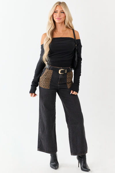 Black Leopard Print Paneling Wide Leg High Rise Jeans