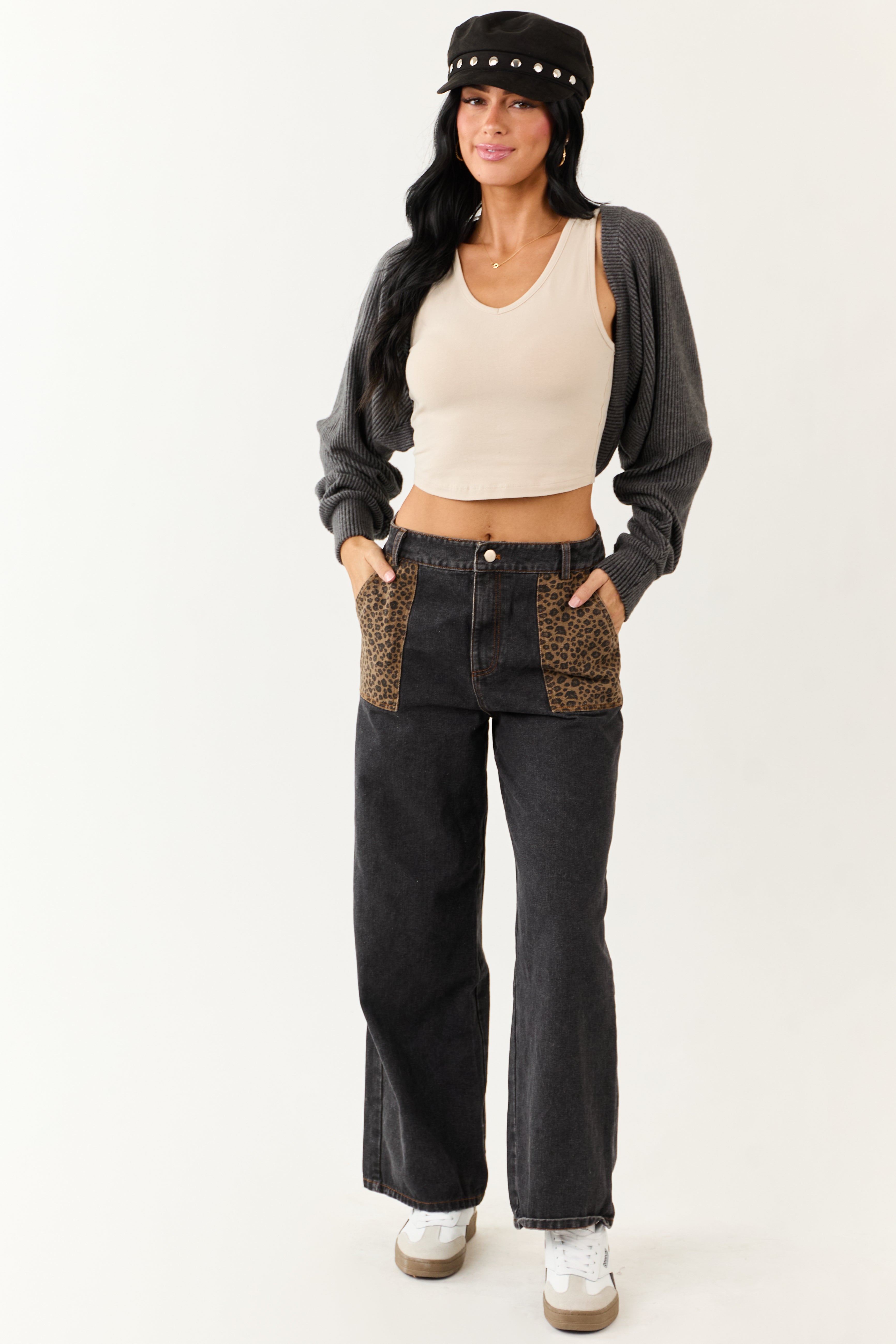 Black Leopard Print Paneling Wide Leg High Rise Jeans