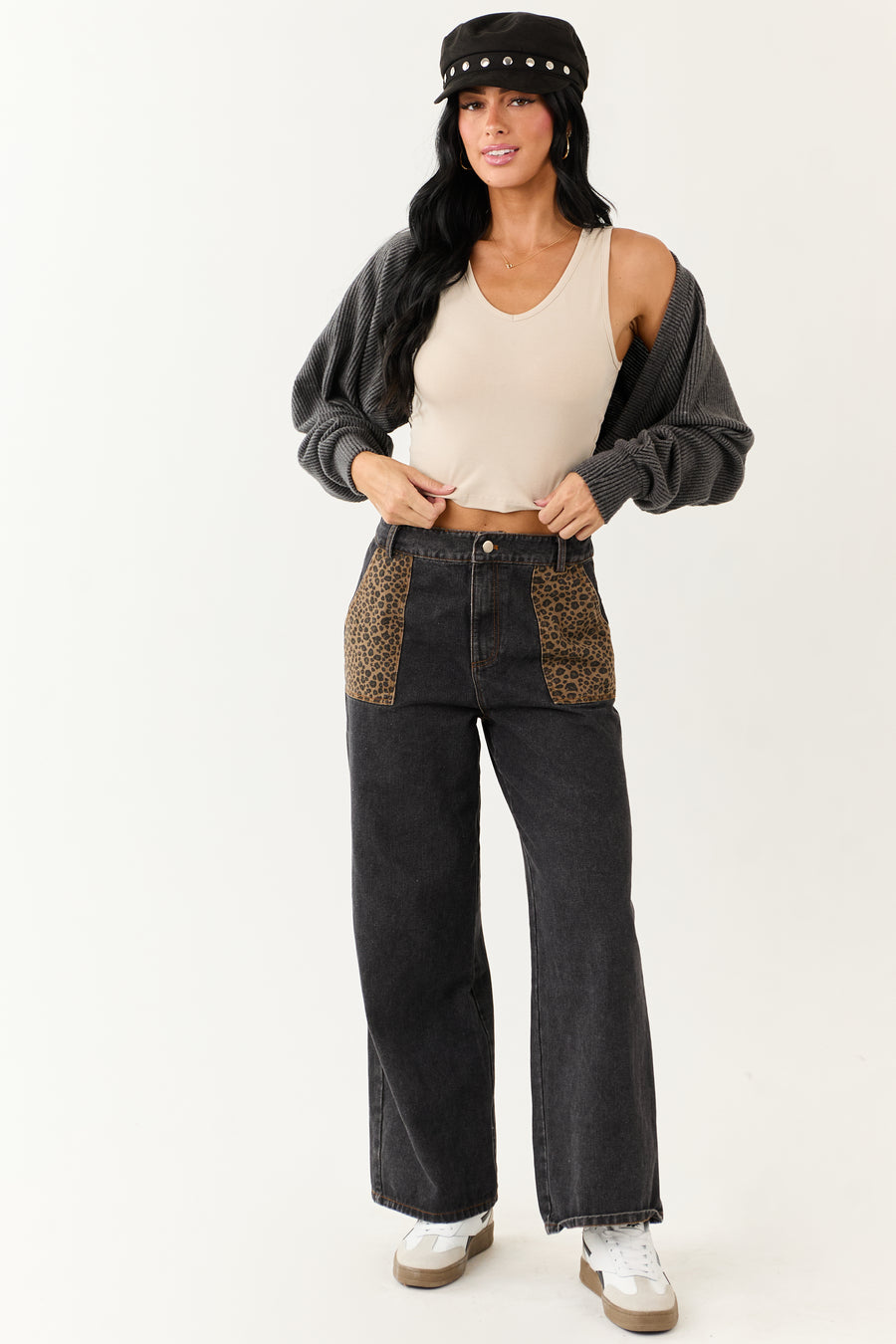 Black Leopard Print Paneling Wide Leg High Rise Jeans