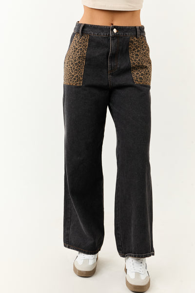 Black Leopard Print Paneling Wide Leg High Rise Jeans
