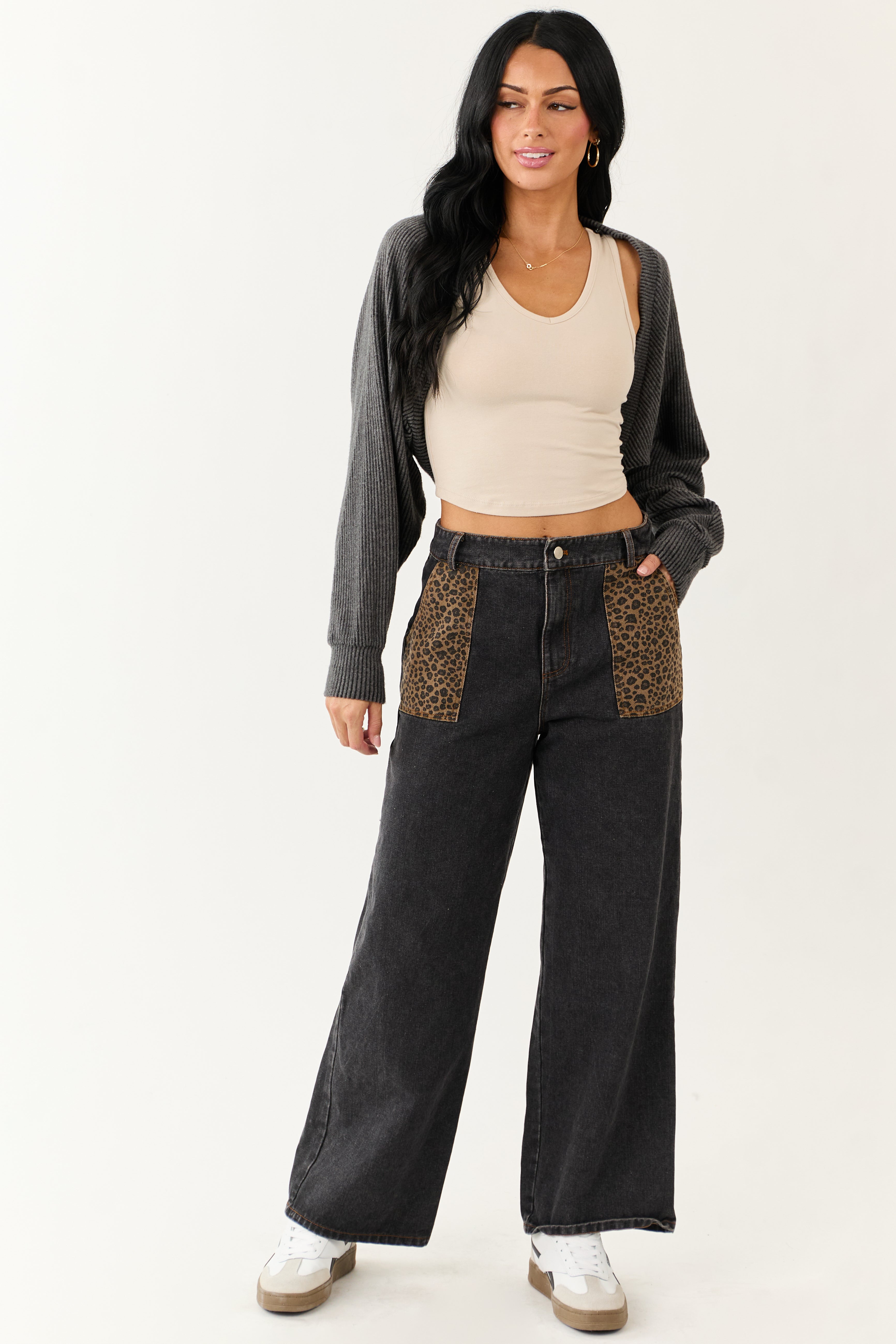 Black Leopard Print Paneling Wide Leg High Rise Jeans
