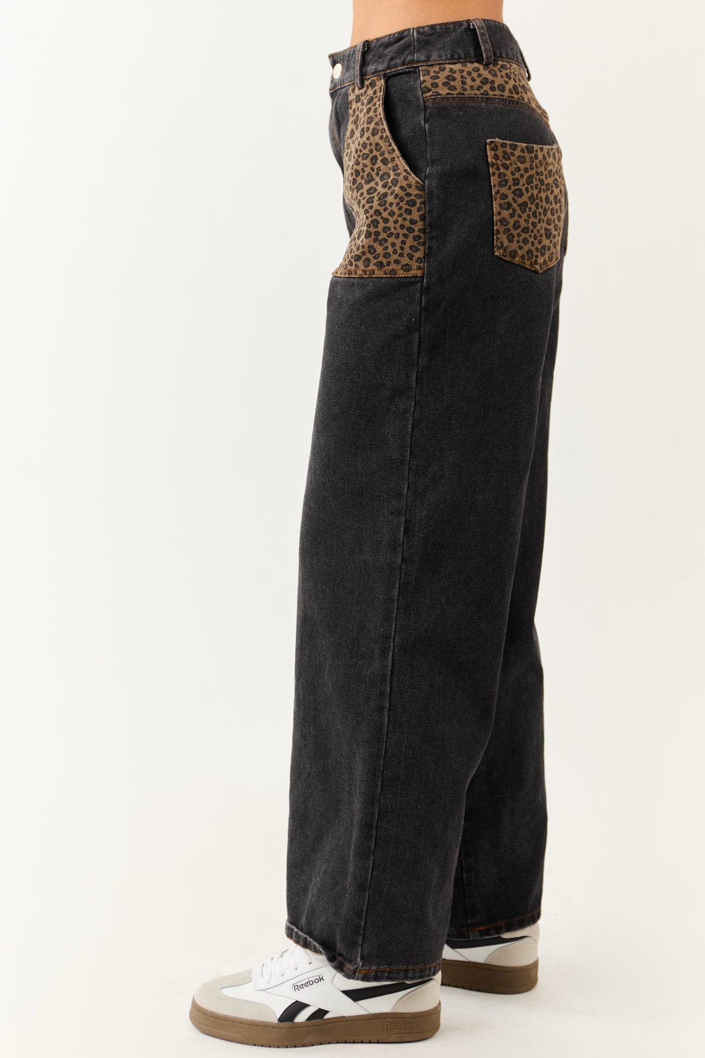 Black Leopard Print Paneling Wide Leg High Rise Jeans