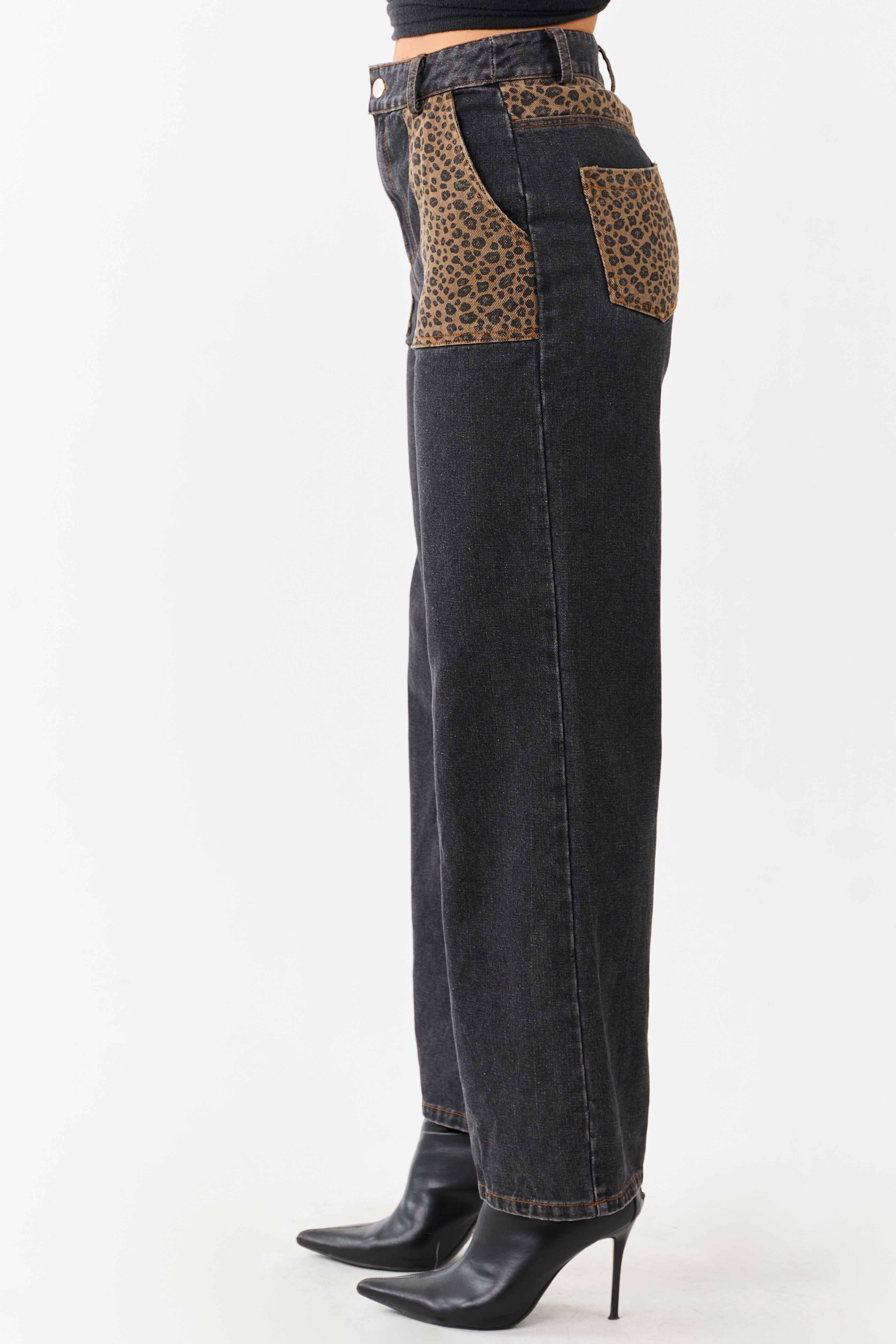Black Leopard Print Paneling Wide Leg High Rise Jeans