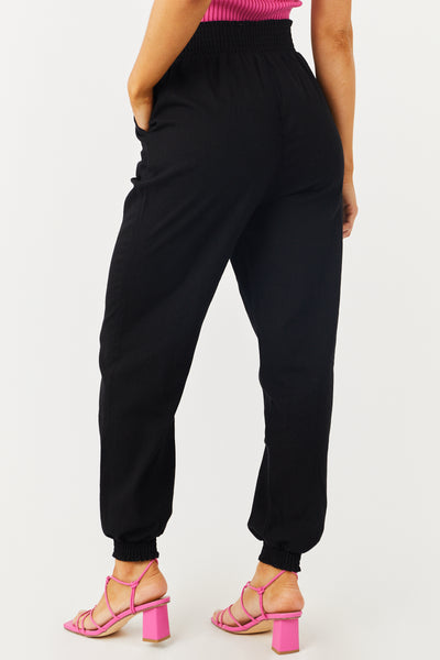Black Lightweight Smocked Waist Linen Joggers