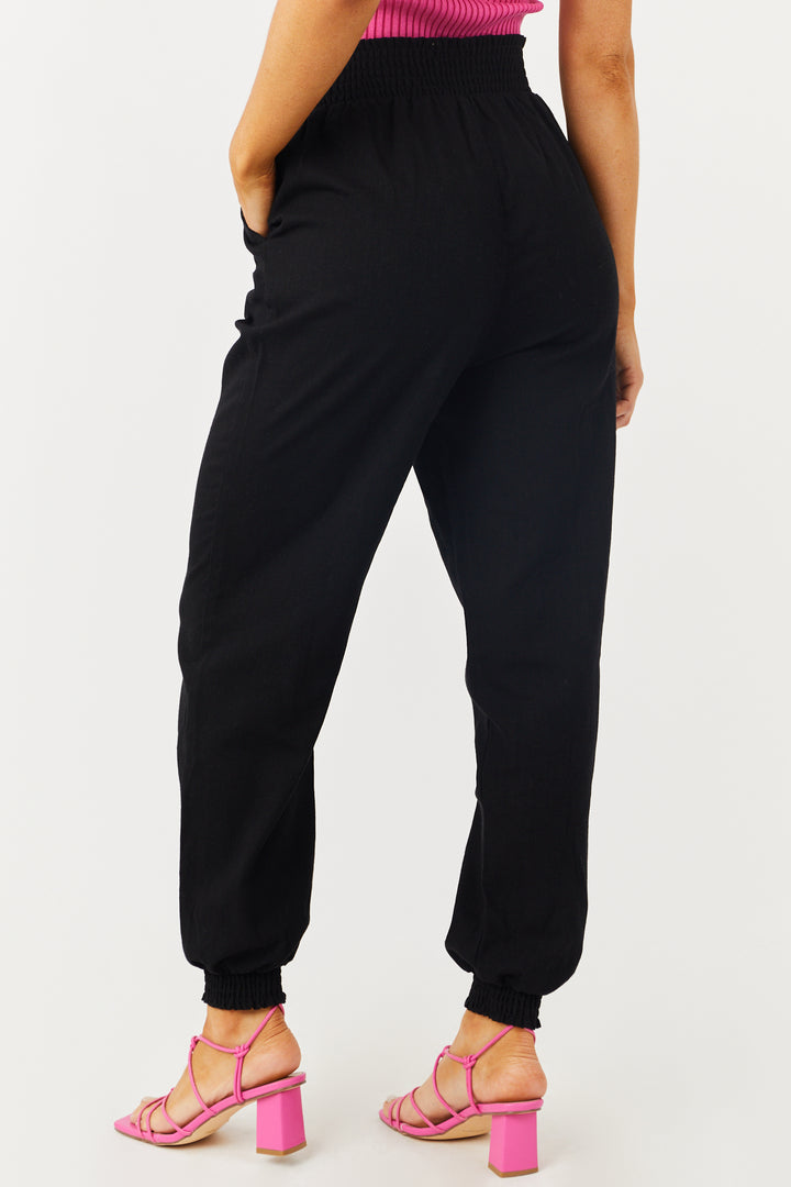Black Lightweight Smocked Waist Linen Joggers