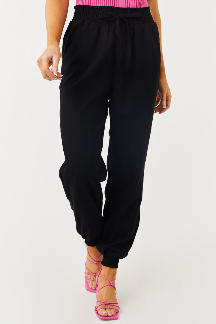 Black Lightweight Smocked Waist Linen Joggers