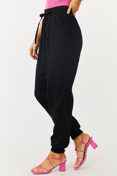 Black Lightweight Smocked Waist Linen Joggers