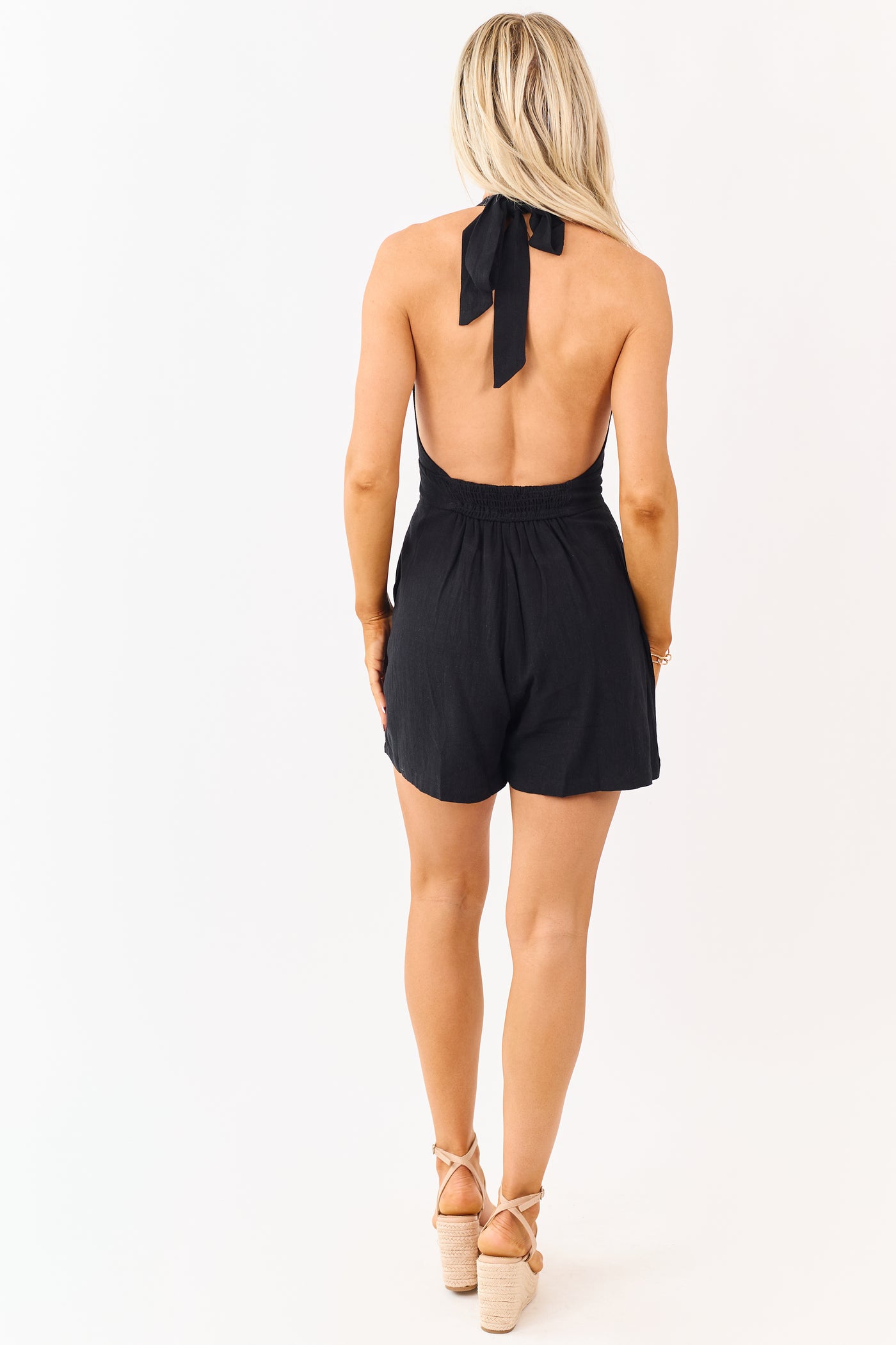 Black Linen Blend Halter Tie Button Down Romper