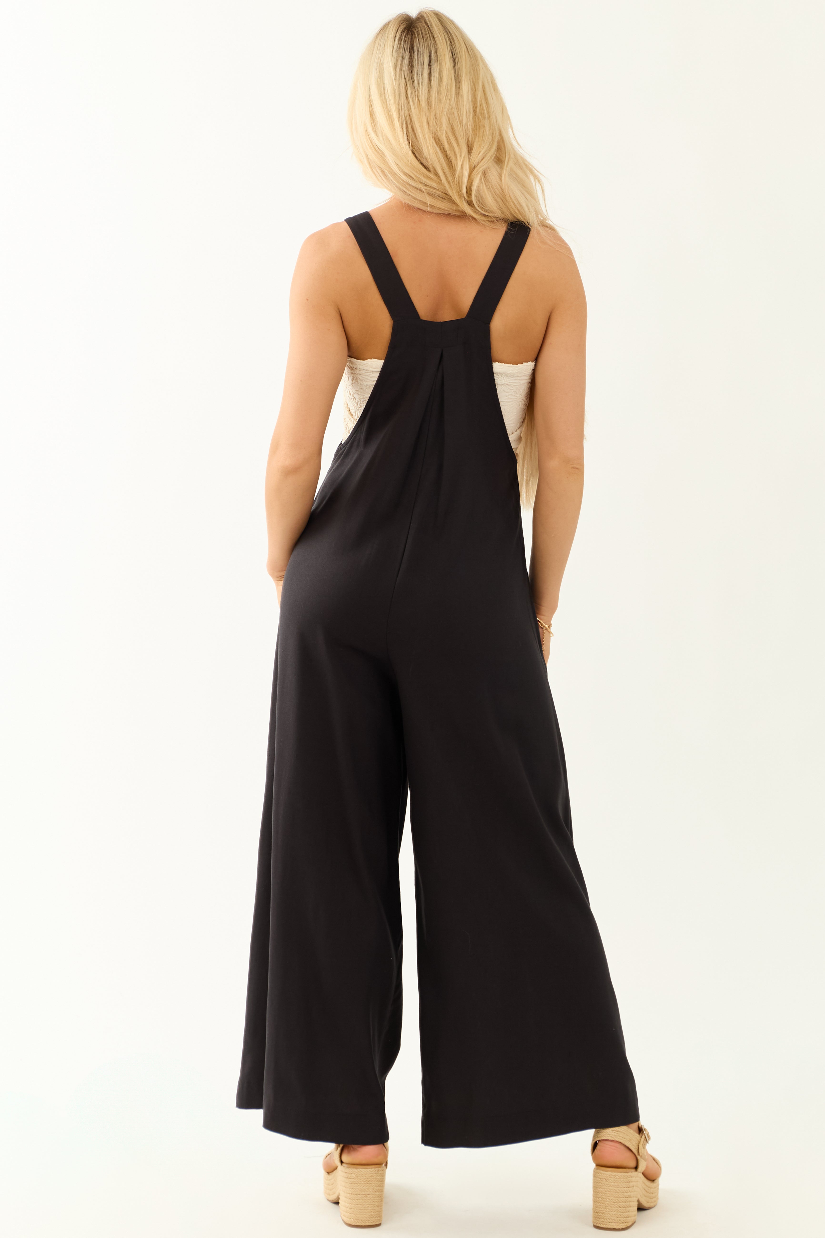 Black Linen Wide Leg Overalls Jumpsuit
