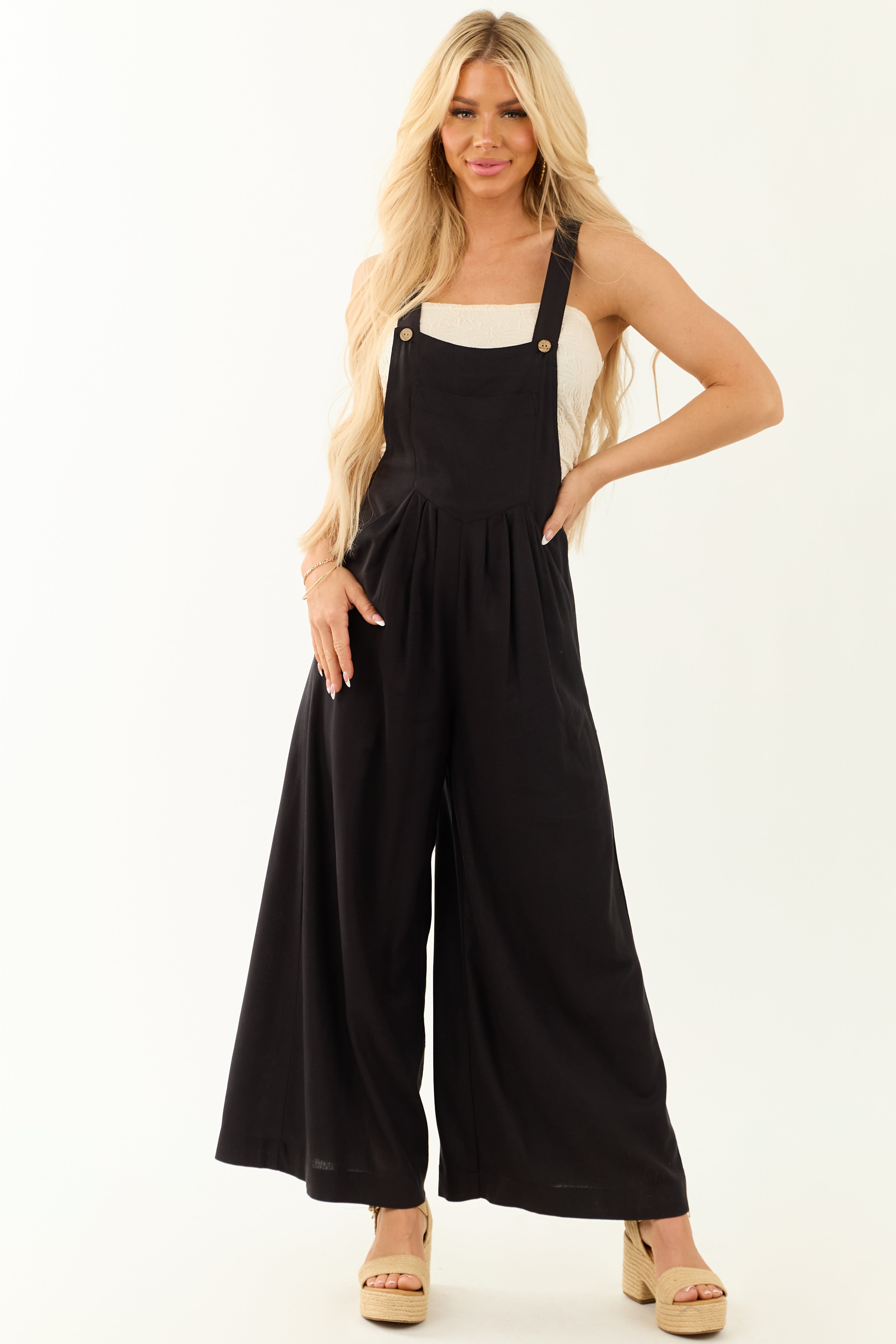 Black Linen Wide Leg Overalls Jumpsuit
