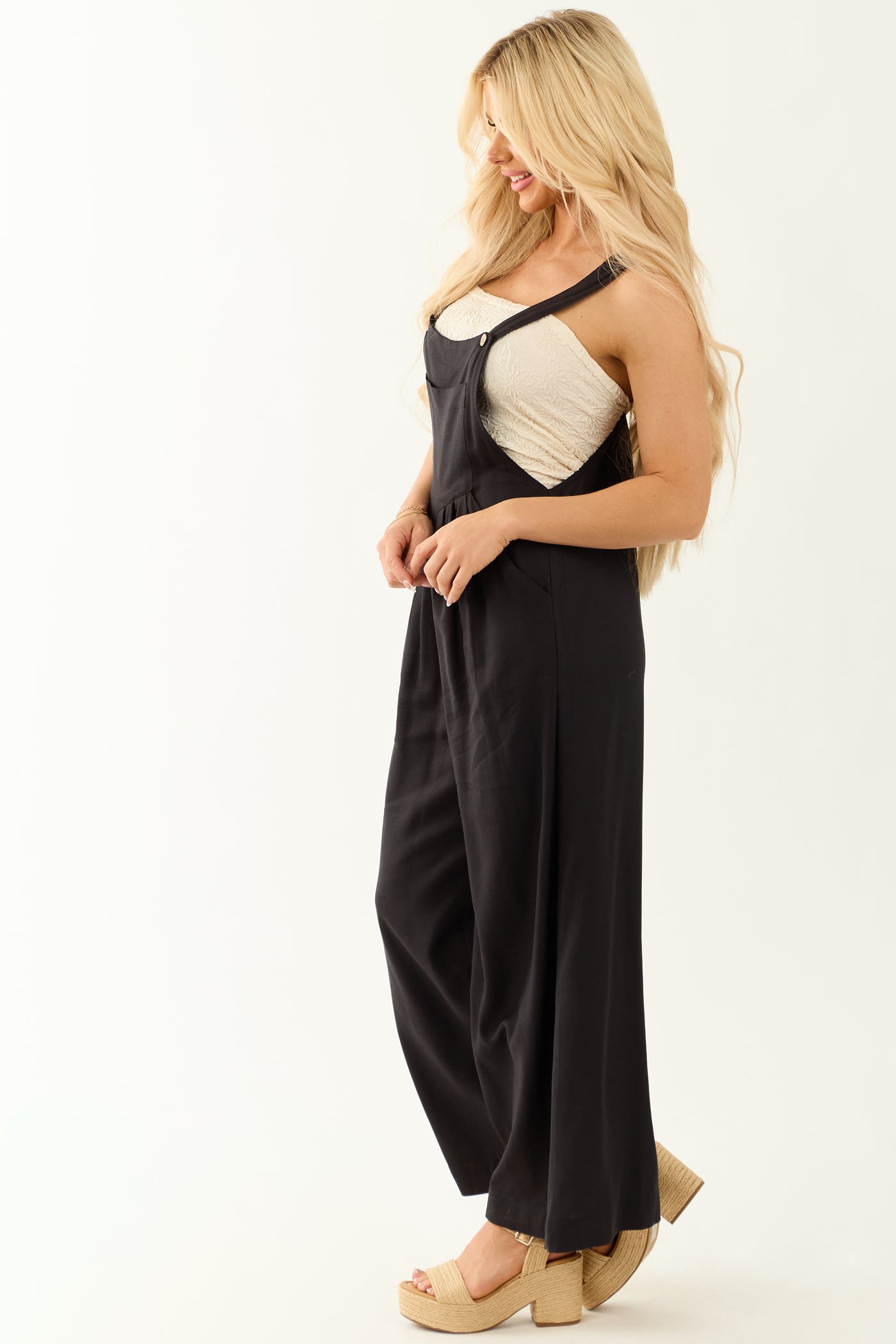 Black Linen Wide Leg Overalls Jumpsuit