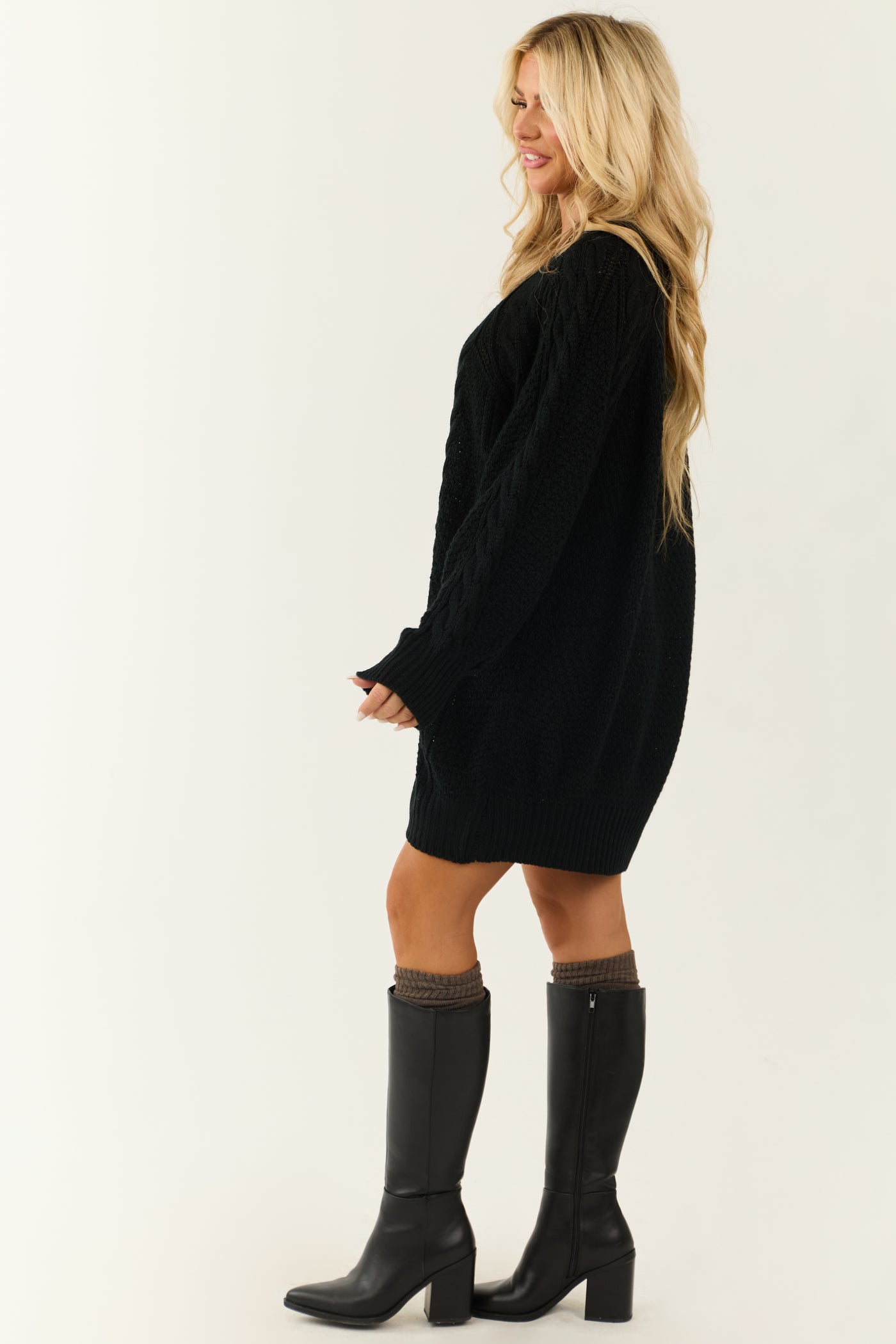 Black Long Balloon Sleeve Short Sweater Dress Black Long Balloon Sleeve Short Sweater Dress