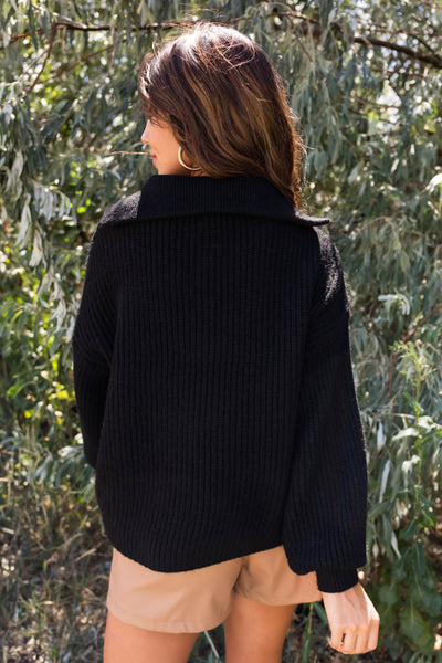 Black Long Bubble Sleeve Ribbed Knit Sweater