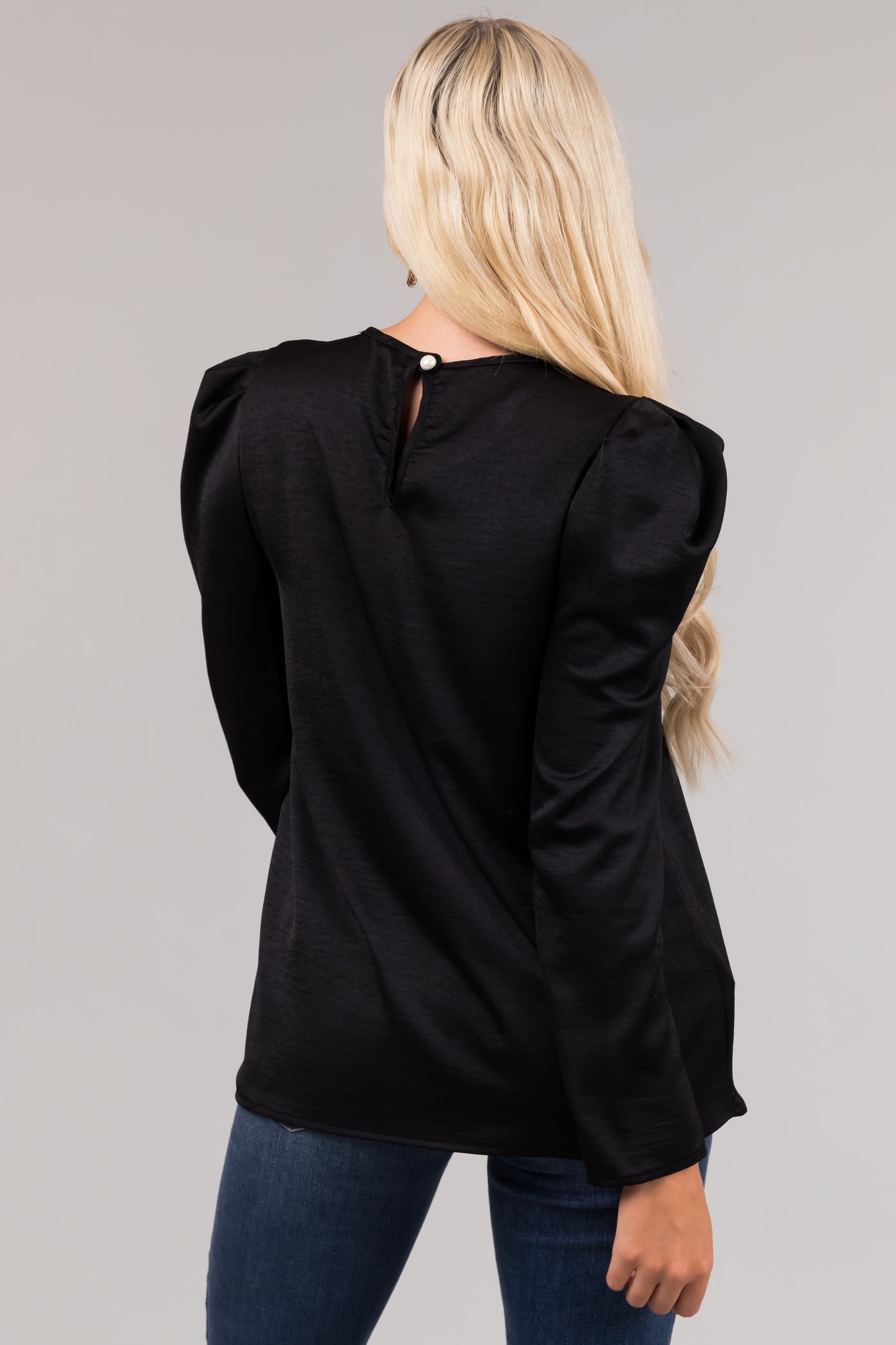 Black Long Pleated Puff Sleeve Satin Blouse | Lime Lush