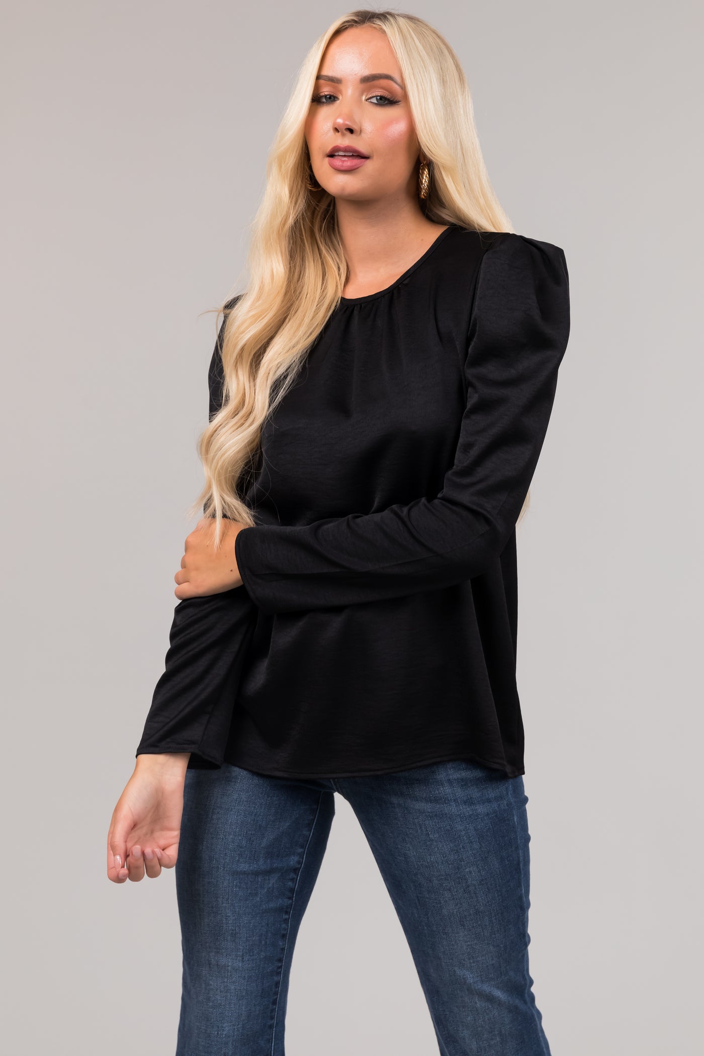 Black Long Pleated Puff Sleeve Satin Blouse