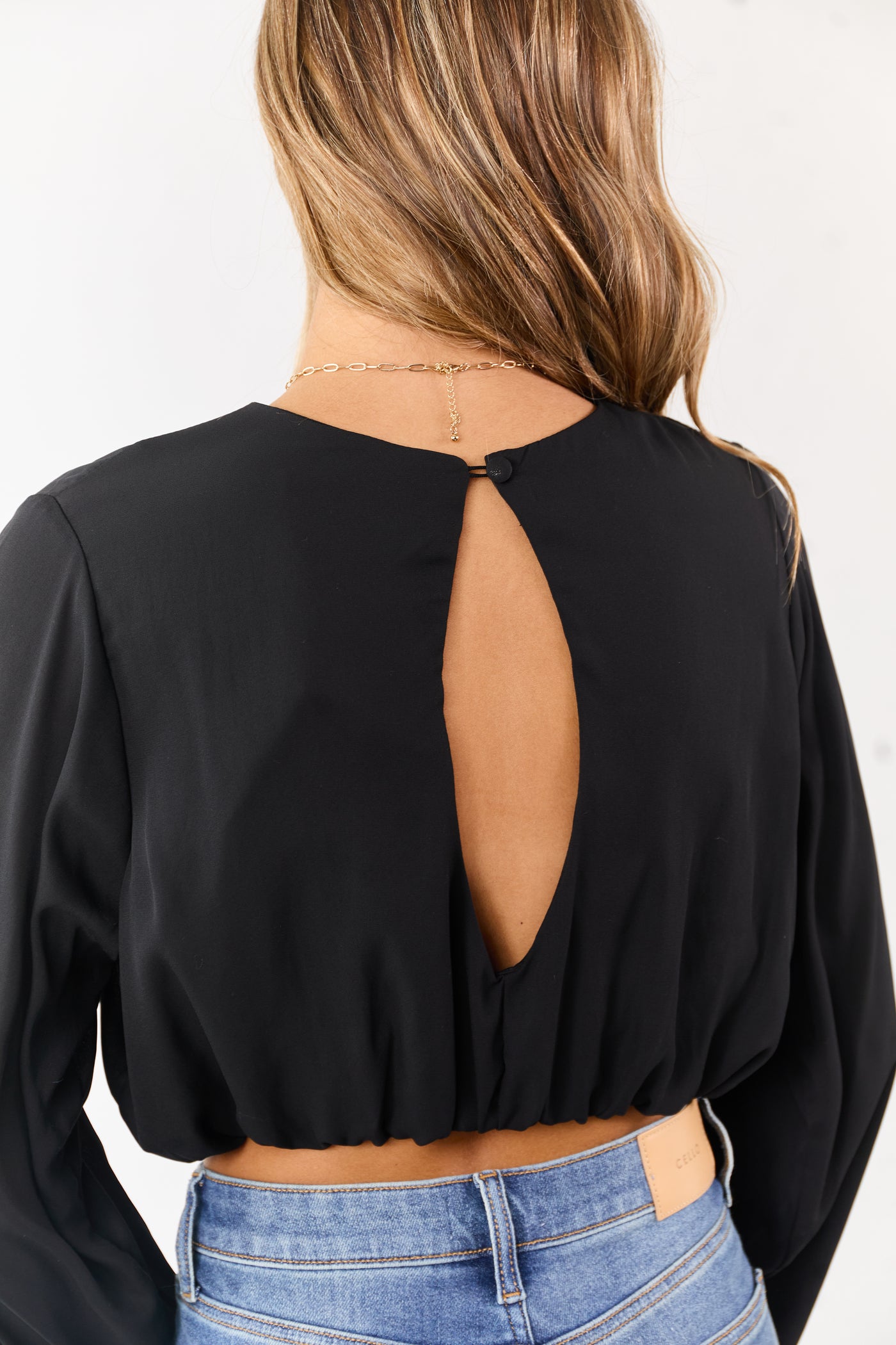 Black Long Puff Sleeve Bubble Hem Crop Top