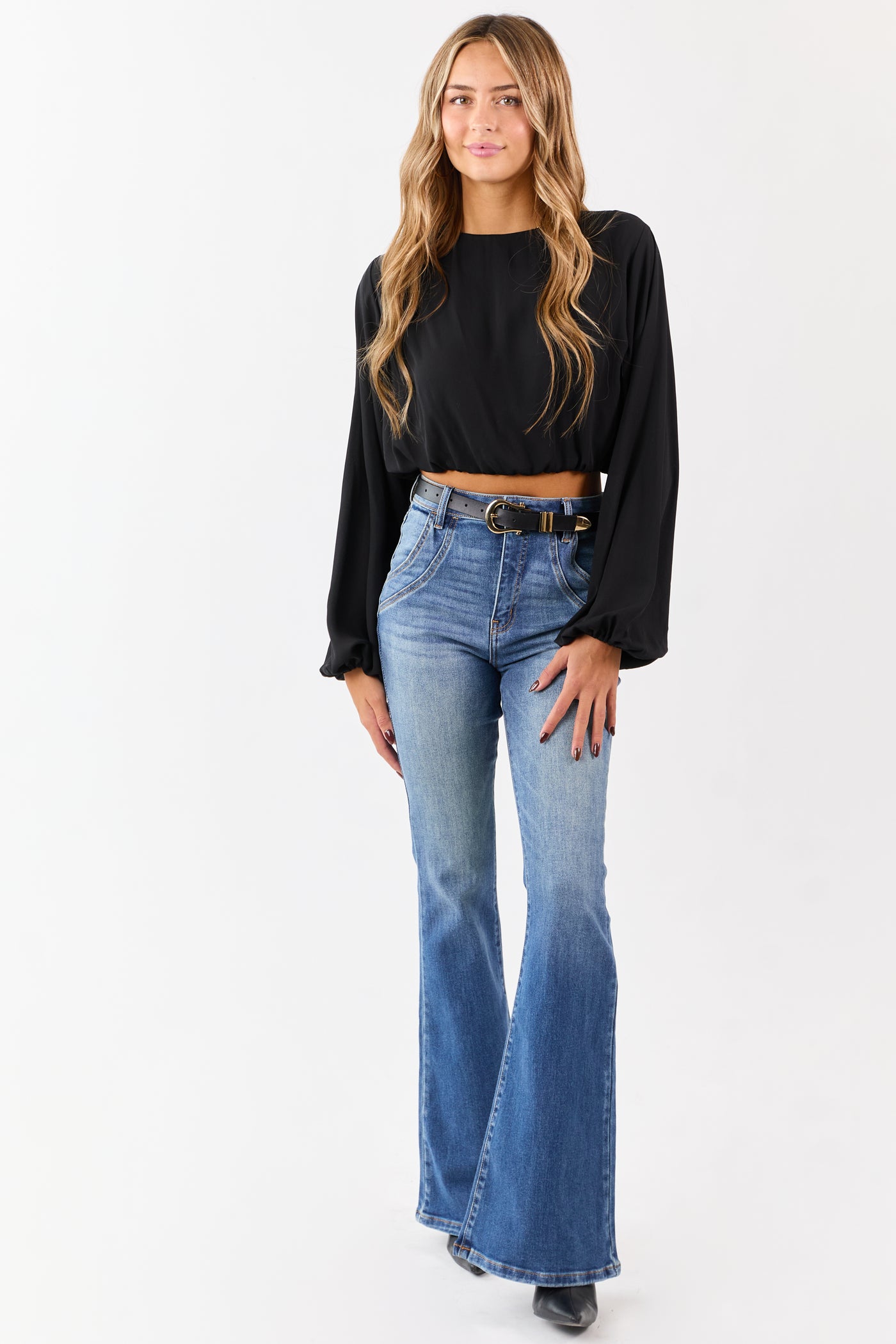 Black Long Puff Sleeve Bubble Hem Crop Top