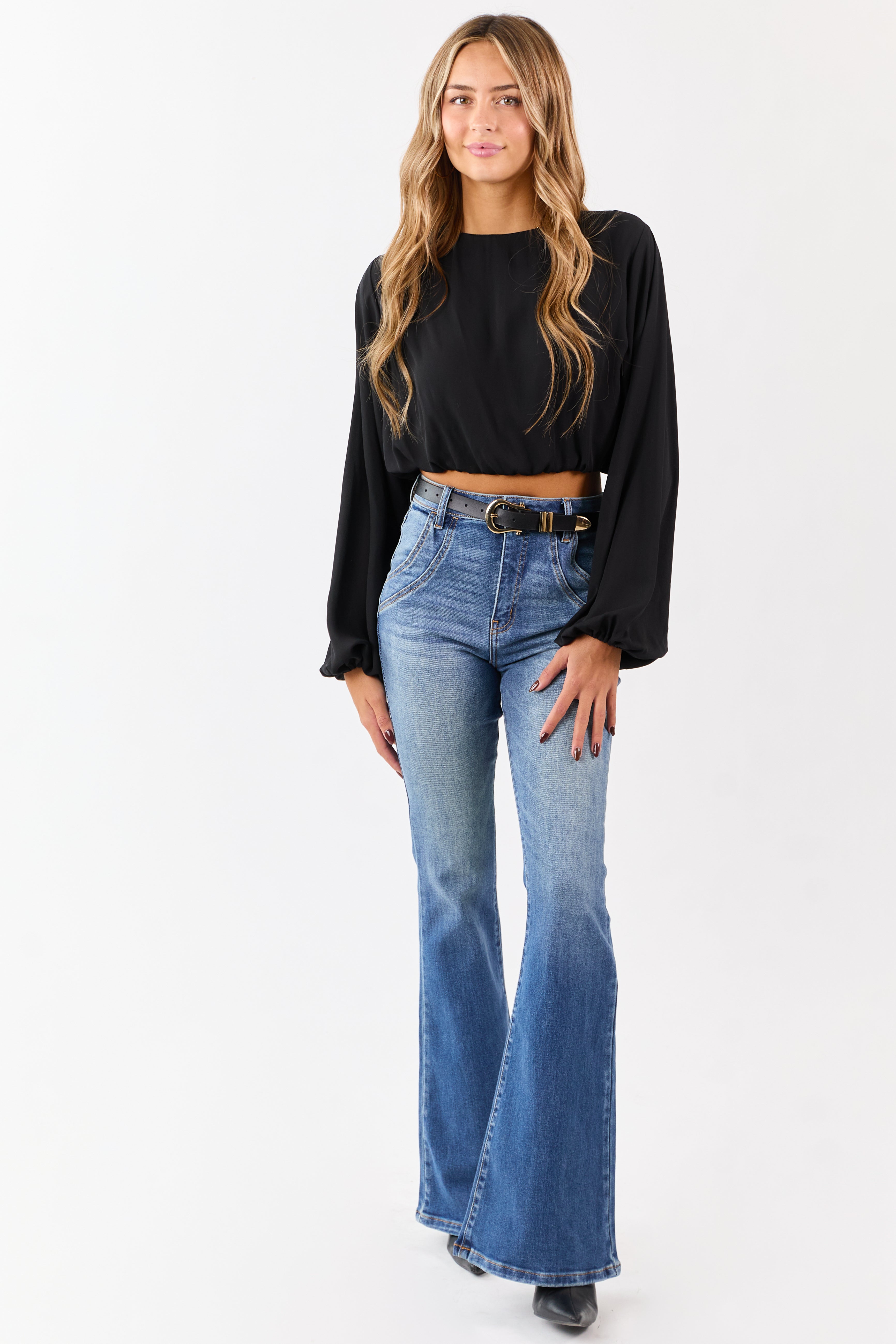 Black Long Puff Sleeve Bubble Hem Crop Top