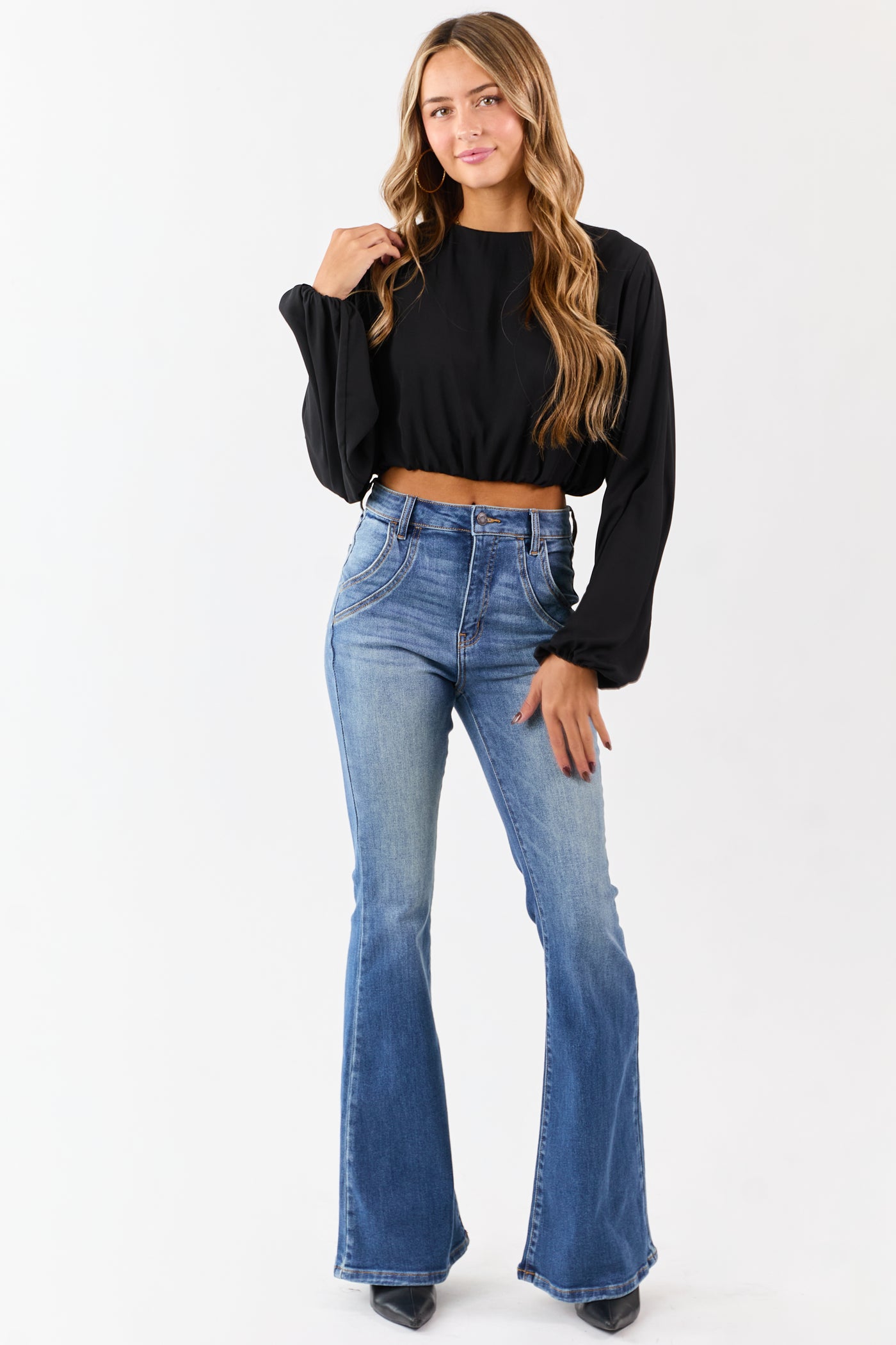 Black Long Puff Sleeve Bubble Hem Crop Top