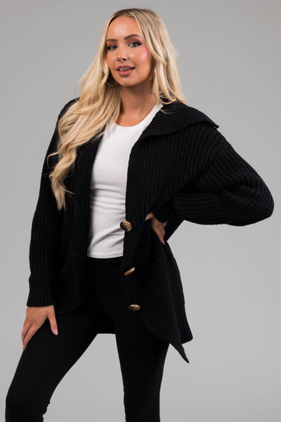 Black Long Sleeve Button Down Knit Cardigan