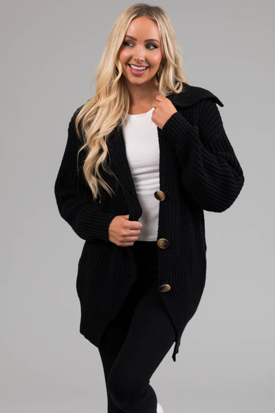 Black Long Sleeve Button Down Knit Cardigan