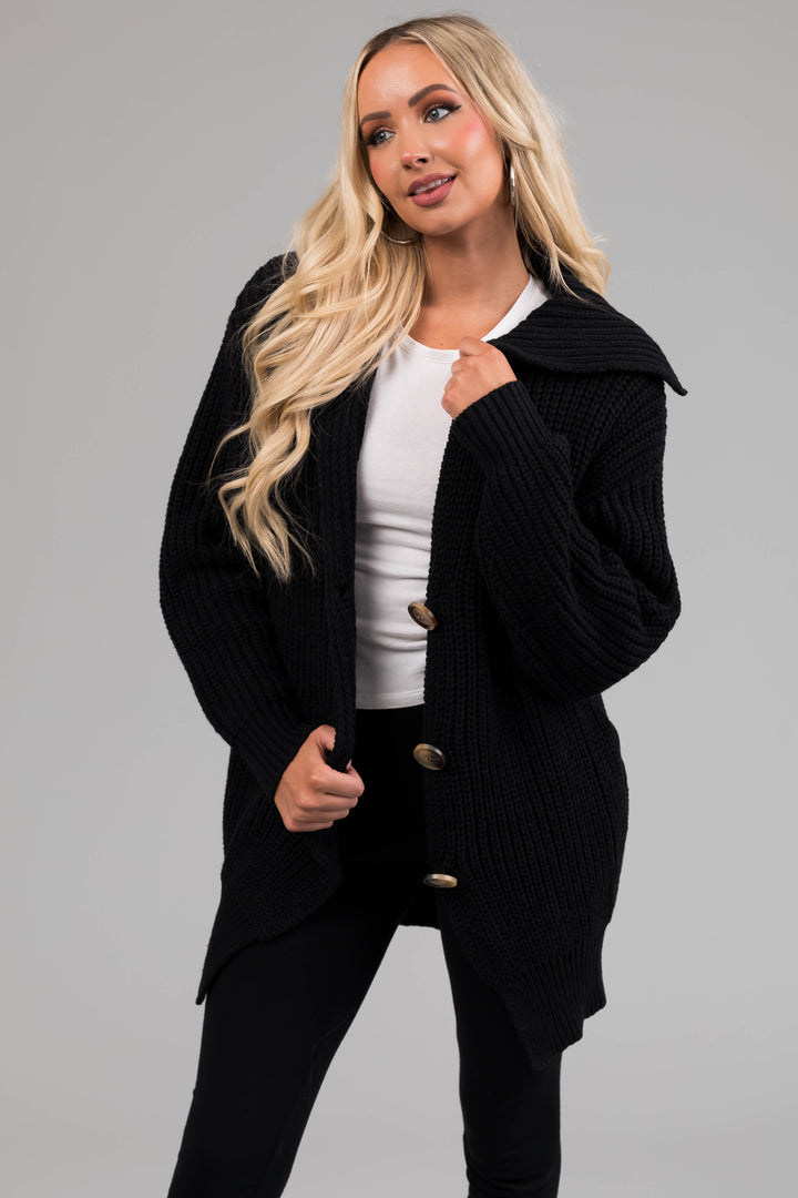 Black Long Sleeve Button Down Knit Cardigan
