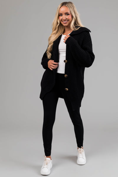 Black Long Sleeve Button Down Knit Cardigan