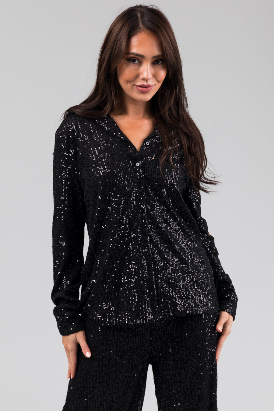 Black Long Sleeve Button Down Sequin Top