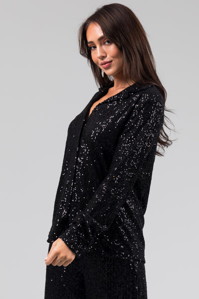 Black Long Sleeve Button Down Sequin Top