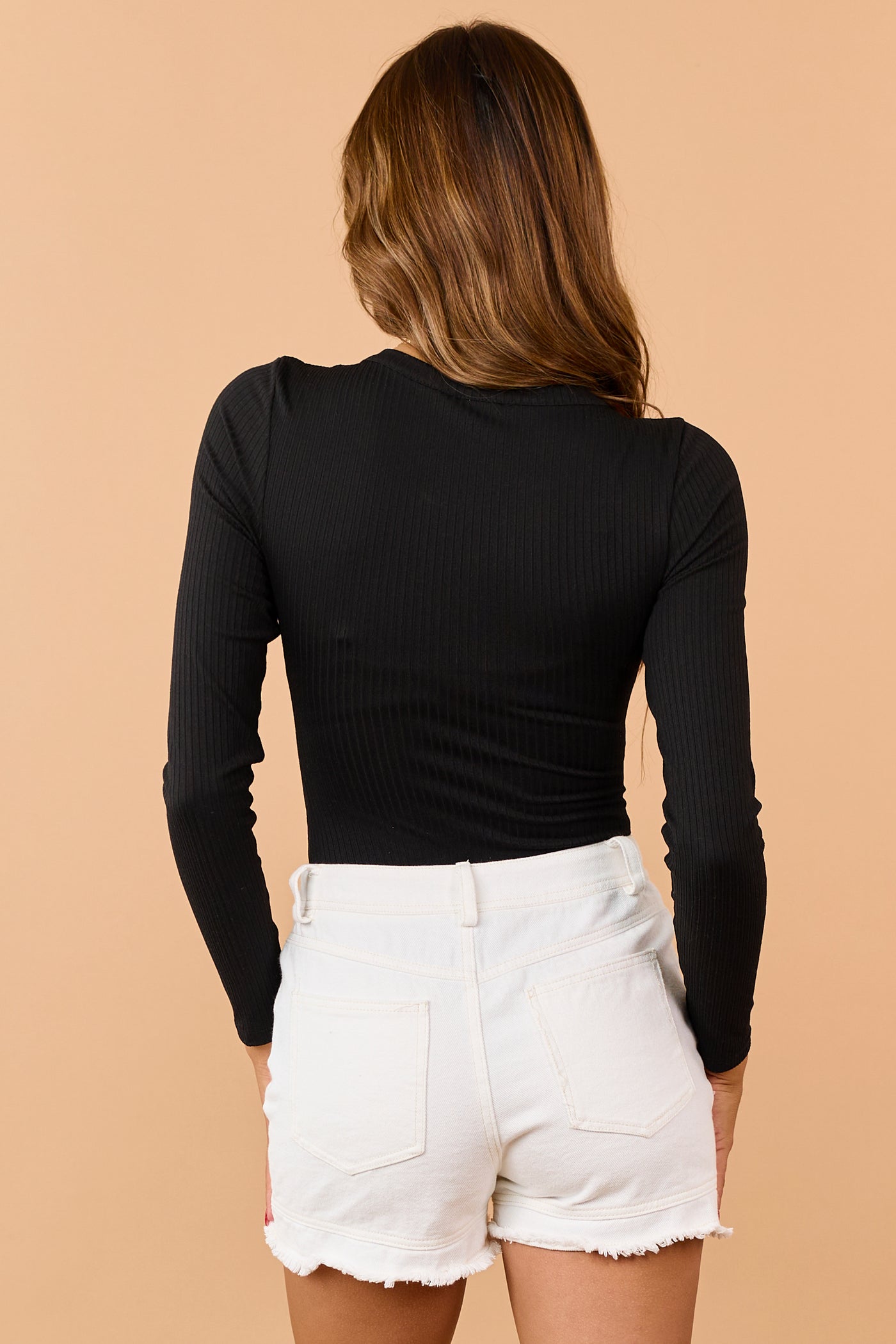 Black Long Sleeve Button Front Ribbed Bodysuit