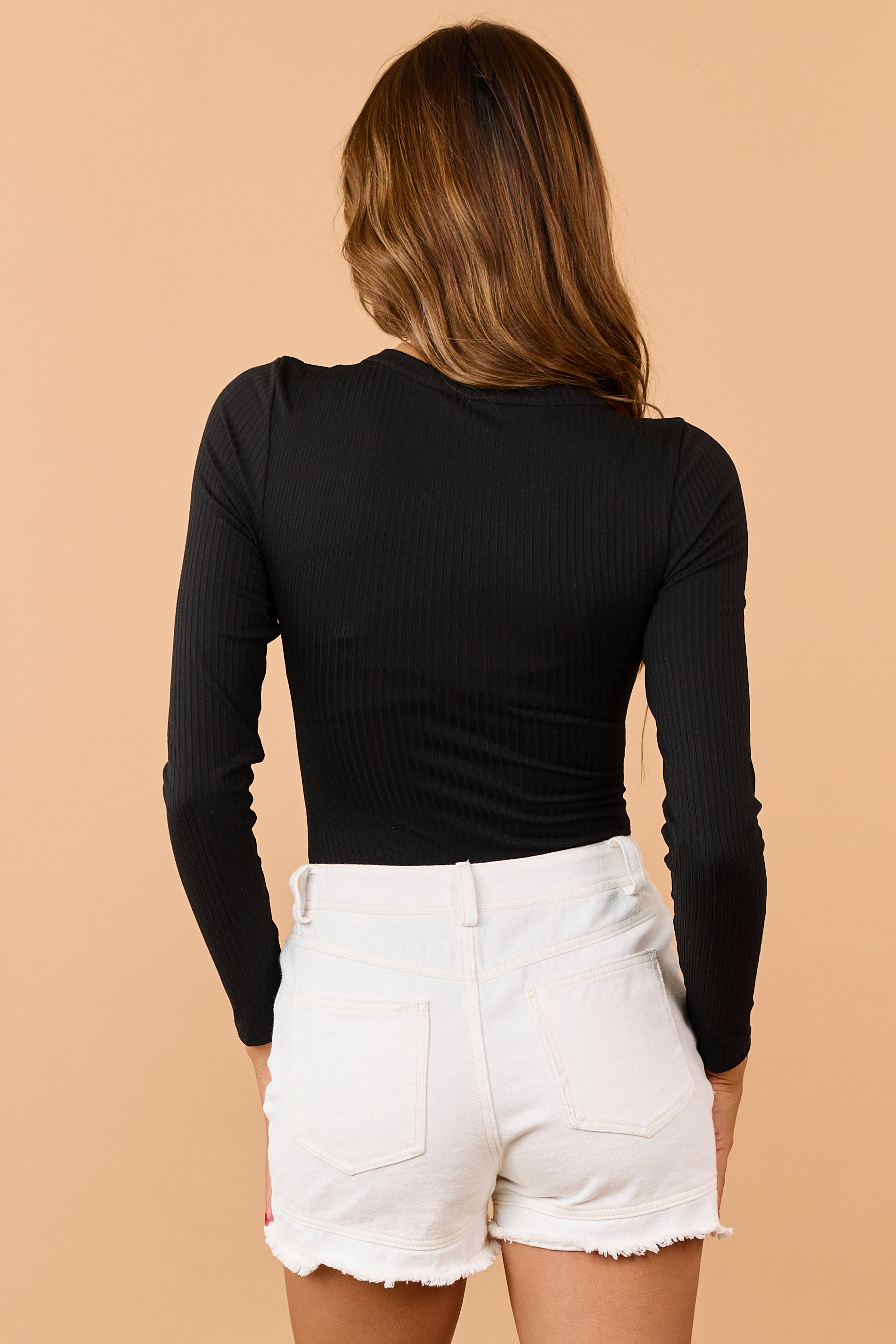 Black Long Sleeve Button Front Ribbed Bodysuit