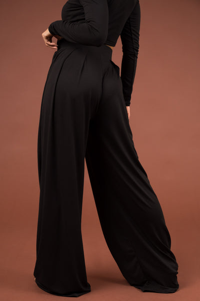 Black Long Sleeve Crop Top and Wide Pants Set