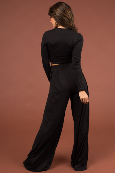 Black Long Sleeve Crop Top and Wide Pants Set