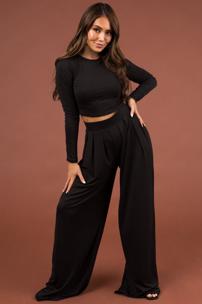 Black Long Sleeve Crop Top and Wide Pants Set
