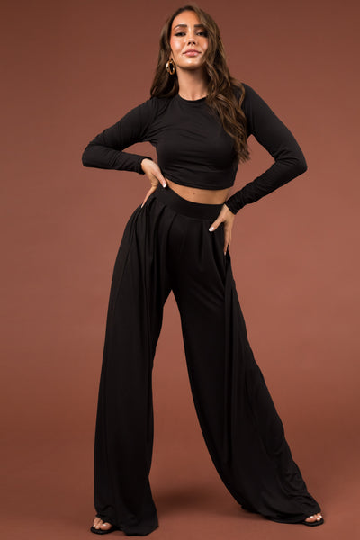 Black Long Sleeve Crop Top and Wide Pants Set