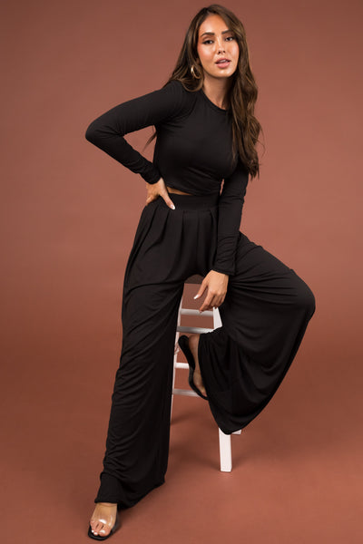 Black Long Sleeve Crop Top and Wide Pants Set