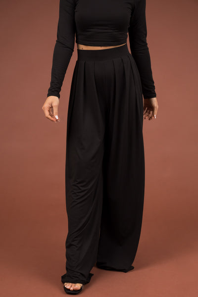 Black Long Sleeve Crop Top and Wide Pants Set