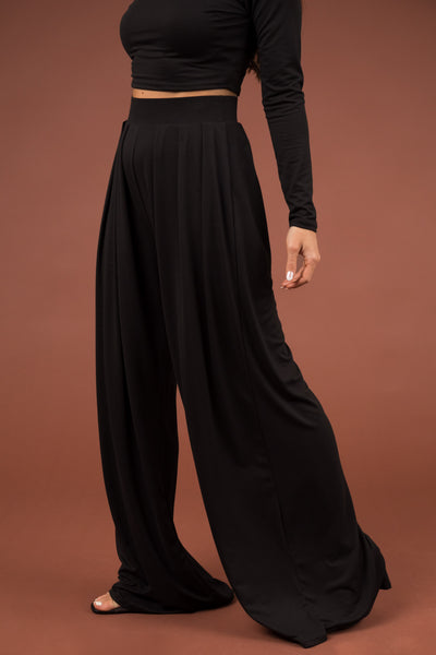 Black Long Sleeve Crop Top and Wide Pants Set