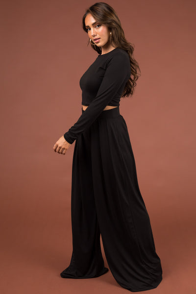 Black Long Sleeve Crop Top and Wide Pants Set